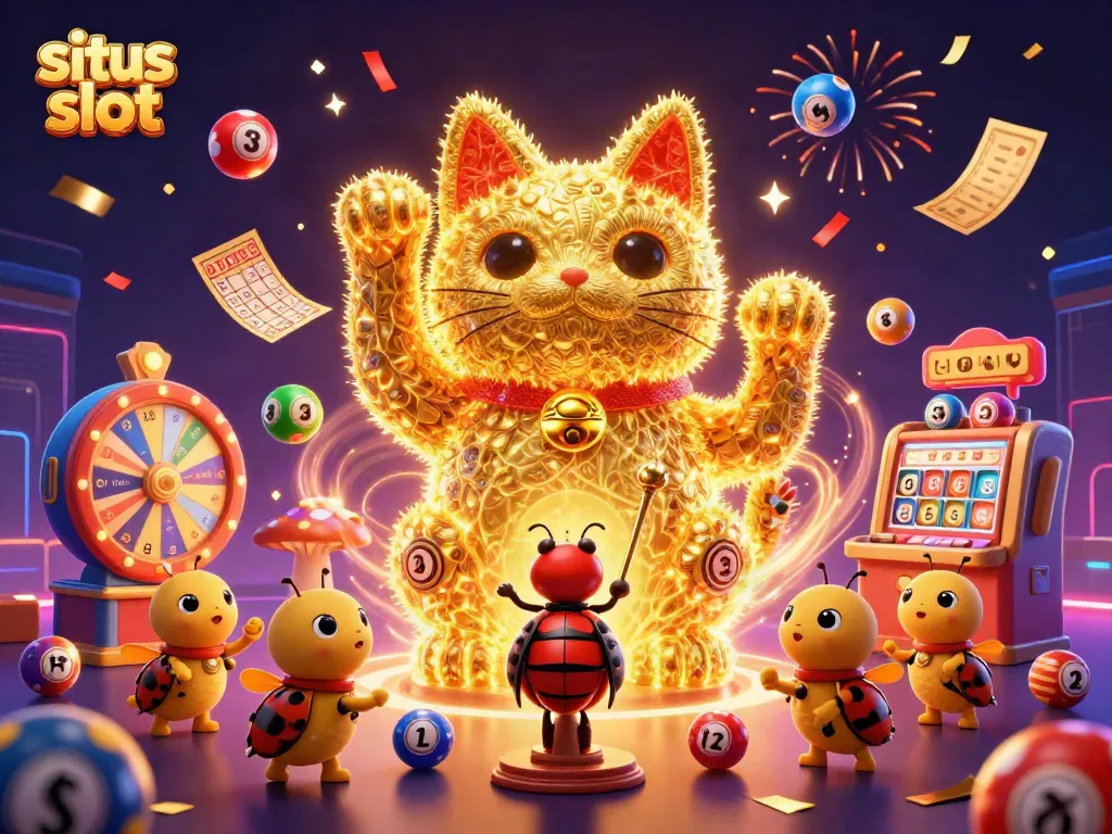 Engage in exciting situs slot adventures illustrated with a vibrant lucky cat and casino symbols.