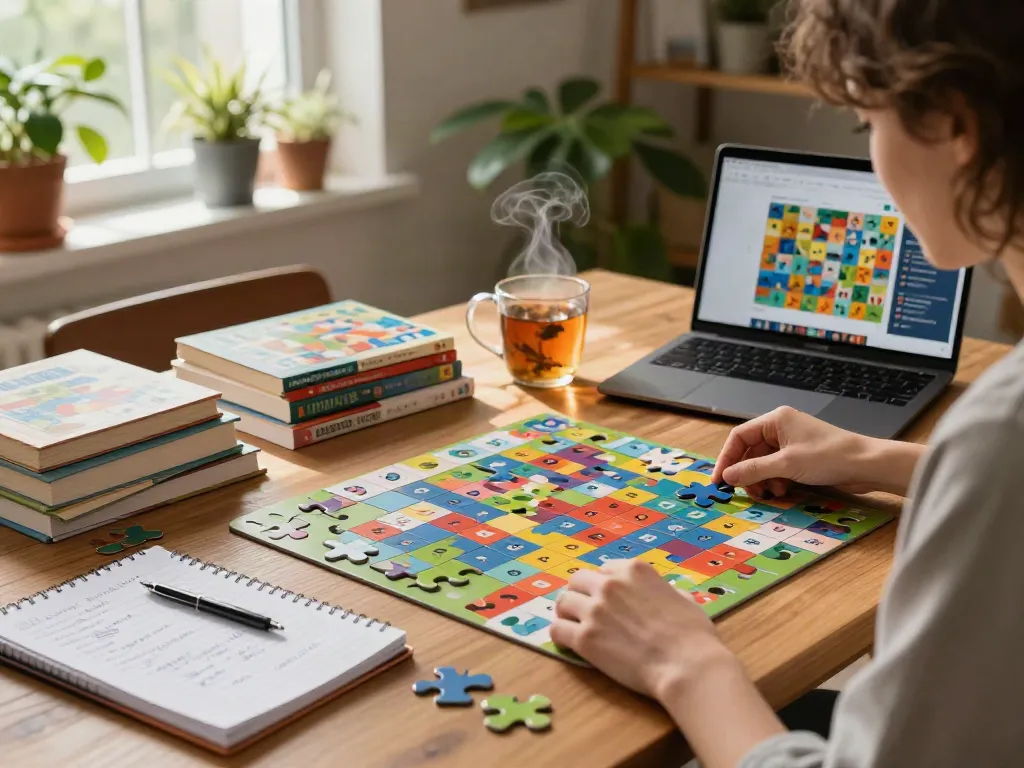 Engaging puzzle-solving moment at solveloom.com in a cozy home environment.