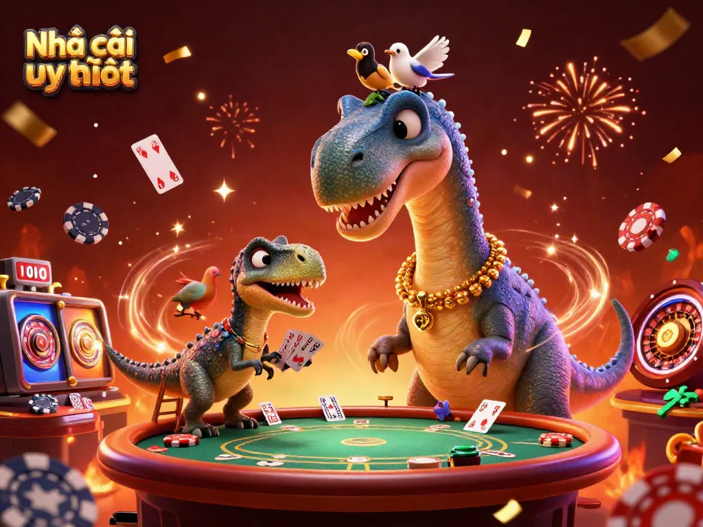 Engage in the thrill of Nhà cái uy tín with a vibrant 3D casino scene featuring playful characters and lively elements.