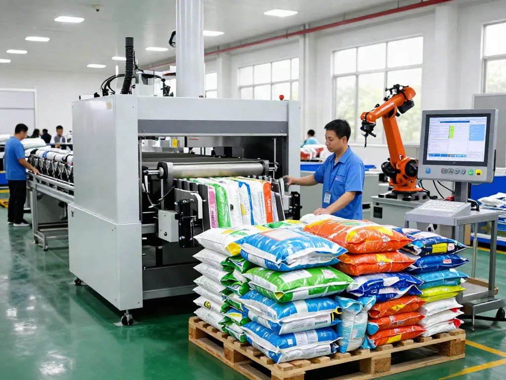 Automatic bag palletizer machine efficiently stacking various bags in a modern manufacturing facility.