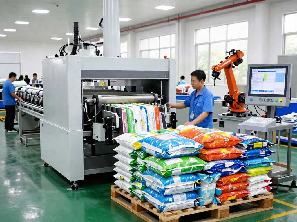 Automatic bag palletizer machine efficiently stacking various bags in a modern manufacturing facility.