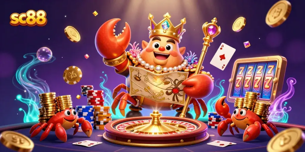 Experience the excitement of sc88 casino action with a vibrant underwater scene featuring a crab emperor and treasures.