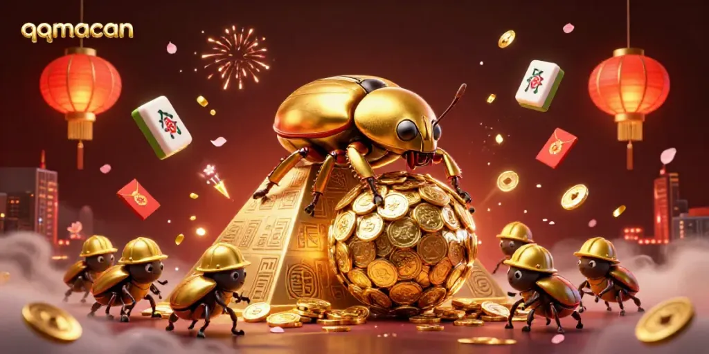 Experience thrilling gaming action with qqmacan, featuring golden beetles and vibrant casino symbols.