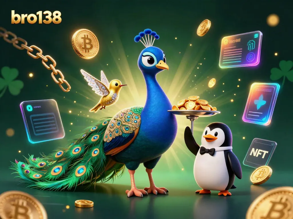 Experience the thrill of bro138 with vibrant casino-themed 3D illustration featuring peacock and penguin characters.
