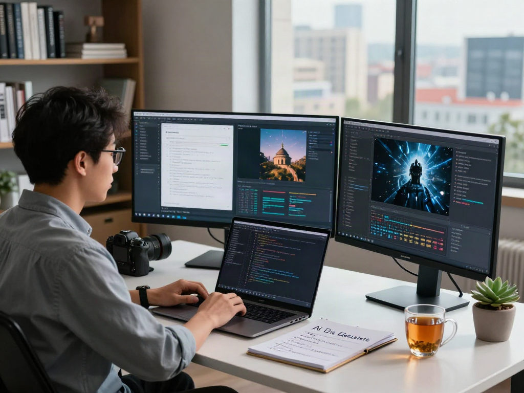 AI Image Detector workspace with a data scientist analyzing algorithms and AI-generated images at a modern desk.