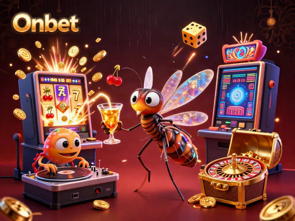 Join the excitement at Onbet with a vibrant casino scene featuring an amber mosquito mascot and thrilling game elements.