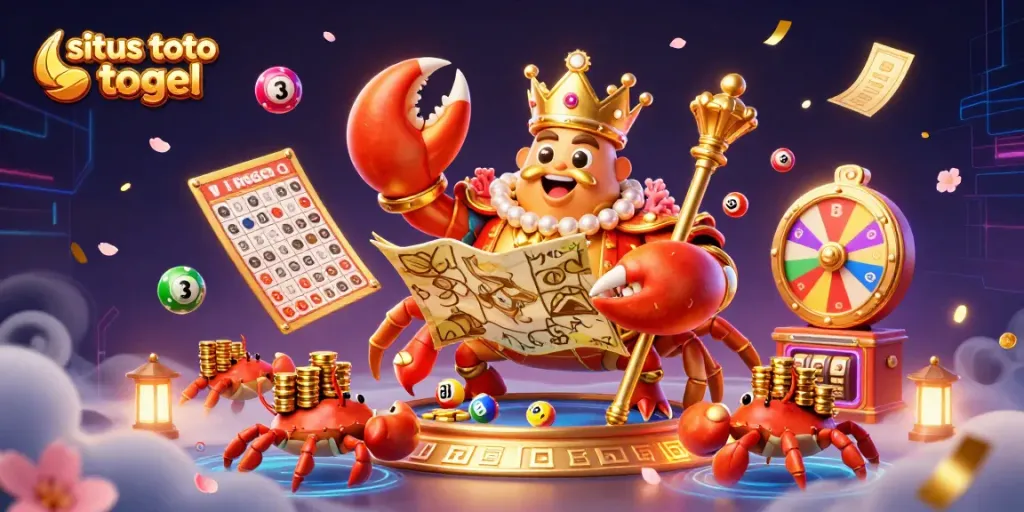 Experience the excitement of situs toto togel with a dynamic illustration of a golden crab emperor and lively lottery elements.
