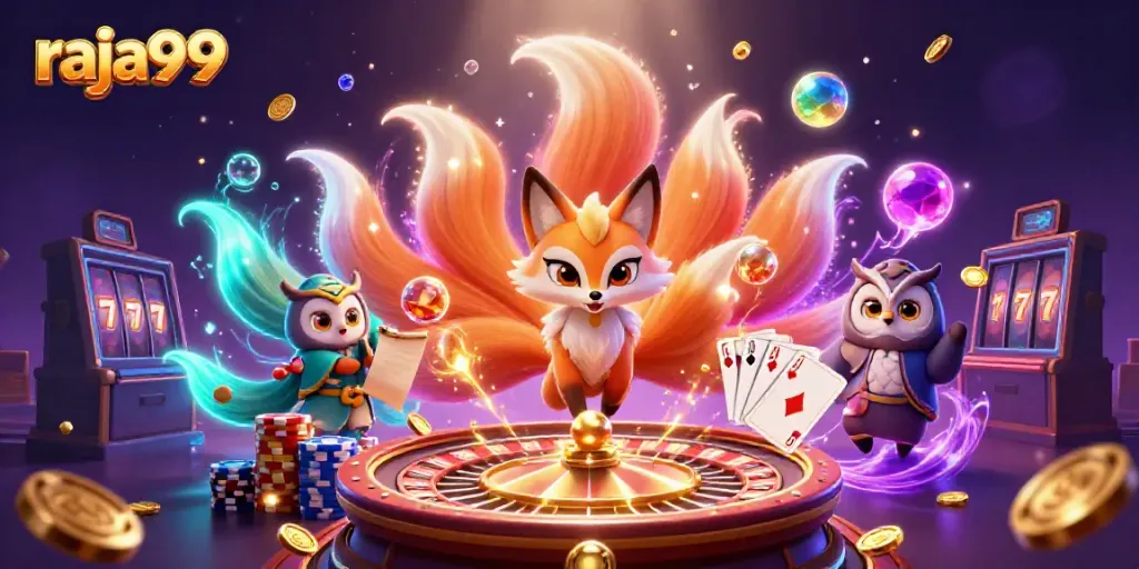 Engage with raja99's vibrant casino experience featuring colorful gaming elements and characters.