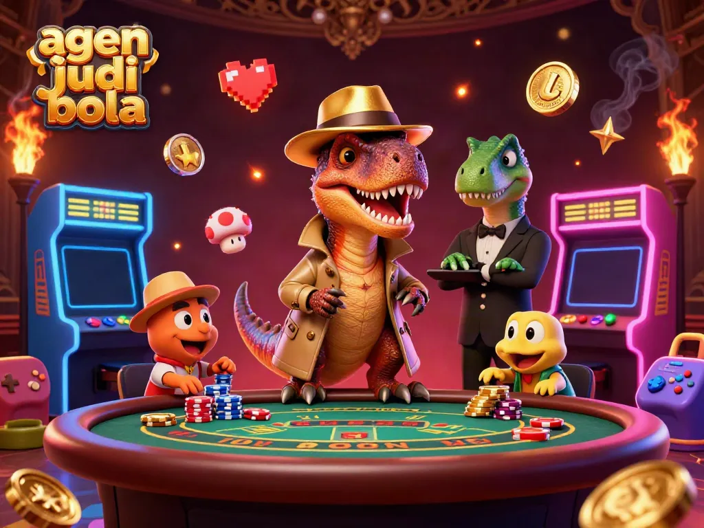 A vibrant scene illustrates agen judi bola with a velociraptor card counter at a blackjack table while a stegosaurus pit boss watches.