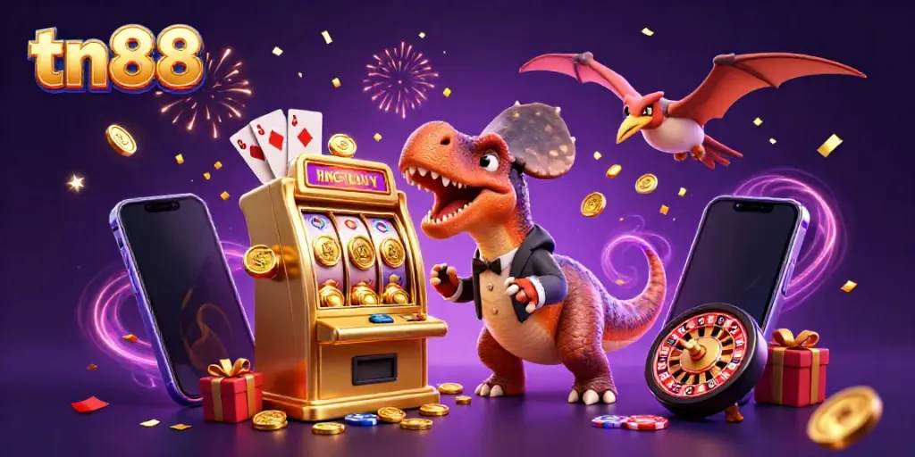 tn88 casino action scene with dinosaurs, golden slot machine jackpot, and colorful games