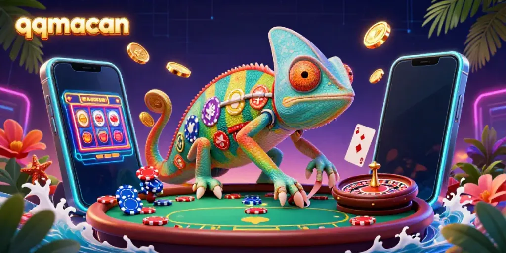 Experience thrilling gaming with qqmacan as a chameleon casino owner captures gold coins in a vibrant environment.