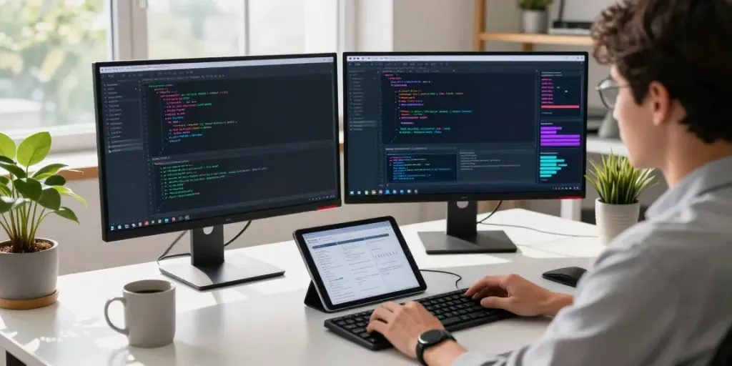 快连 software developer at a modern workspace with dual monitors and coding visuals
