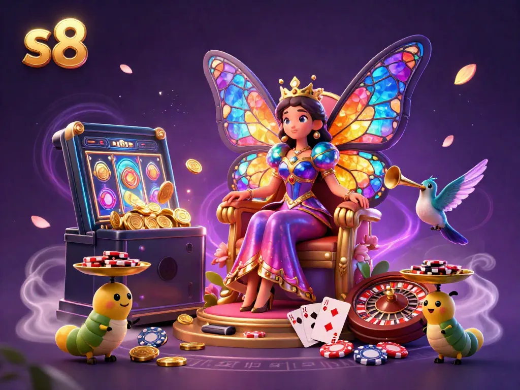 Engage with exciting slots at s8 with captivating colorful characters in a magical casino scene.