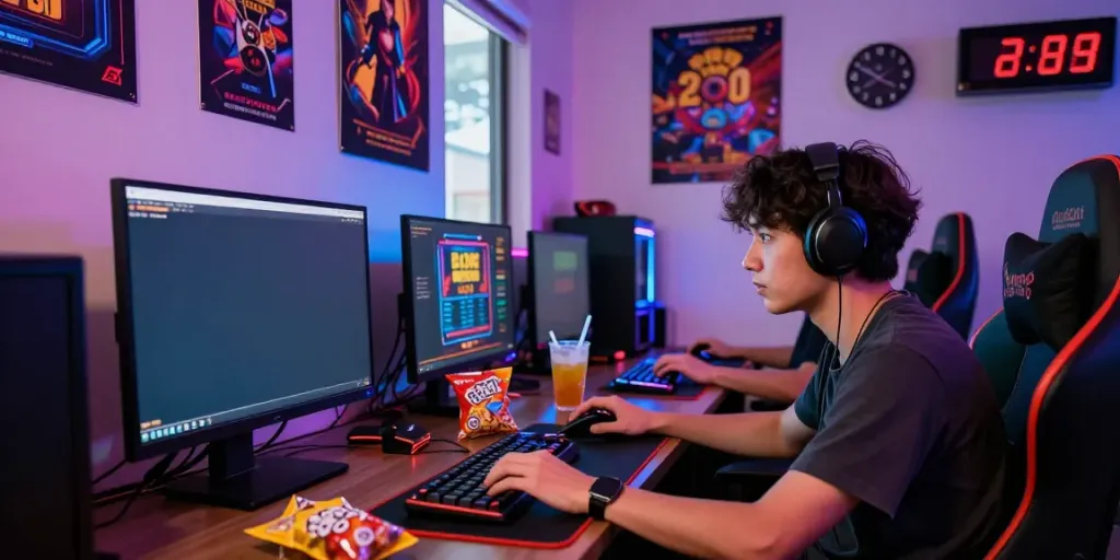 Player engaged in slot gacor gaming experience surrounded by tech gadgets and vibrant atmosphere